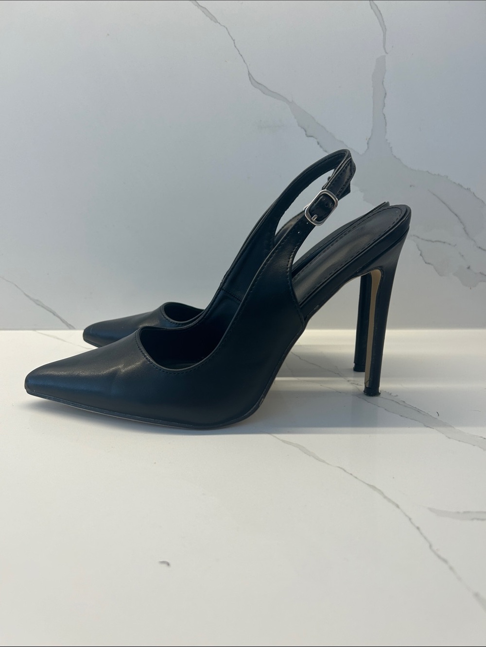 Black Pointed Toe Slingback Stiletto Heels